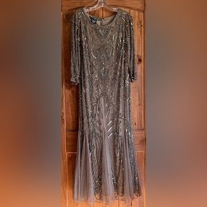 Pisarro Nights Beaded Taupe Mesh Evening Dress